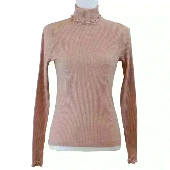J.Crew Blush Ribbed Turtleneck Double Lettuce Hem on Neckline Sleeves Size Small - Picture 1 of 8